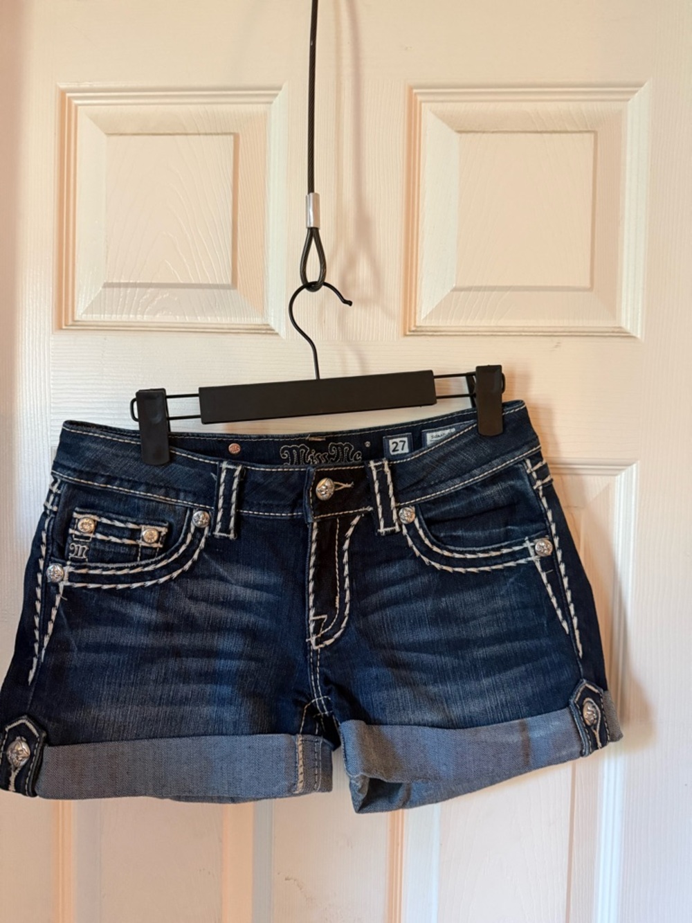 Miss Me Dark Blue Denim Rolled Hem Shorts. 27/3